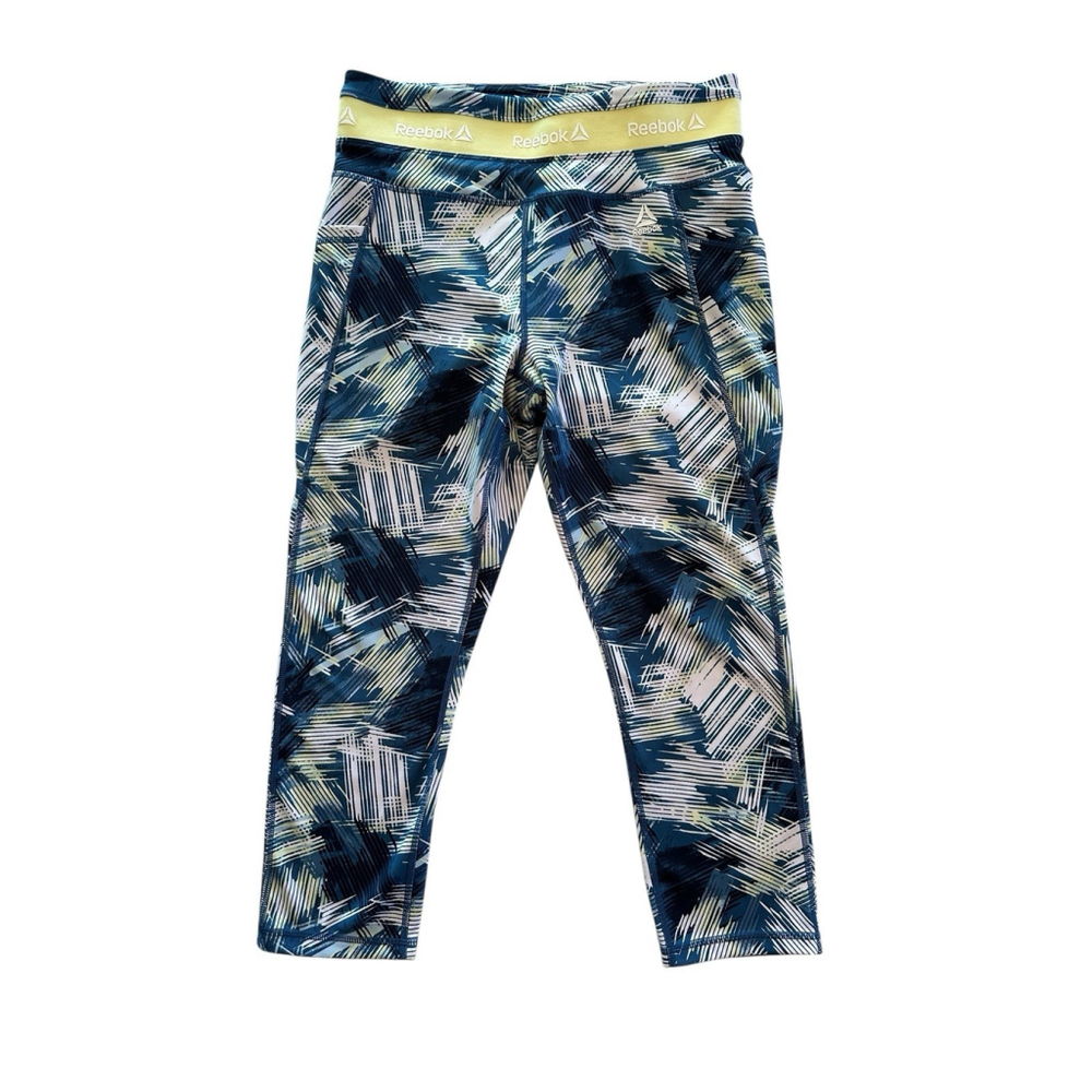 Reebok Workout Leggings Womens Size Large Blue Yellow Abstract Design Stretch